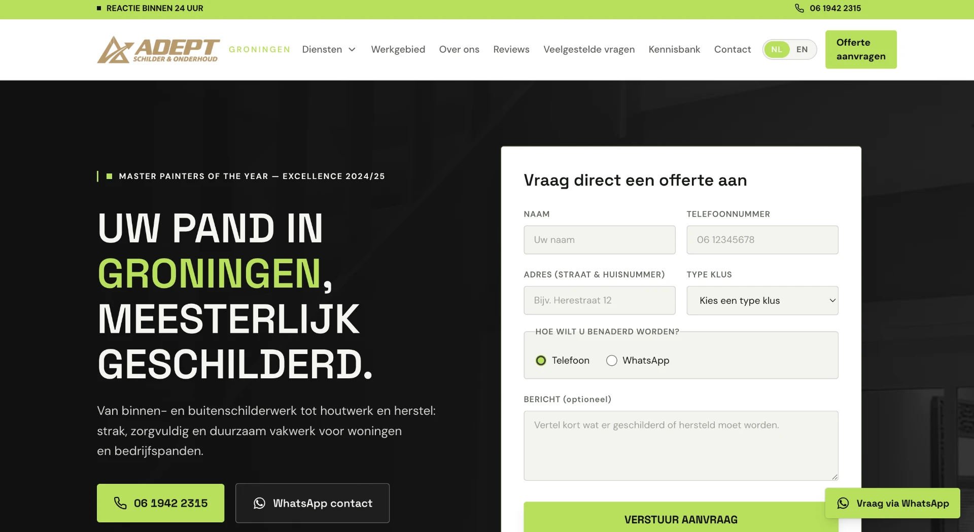De website van Adept Schilder Groningen, gemaakt met Movo