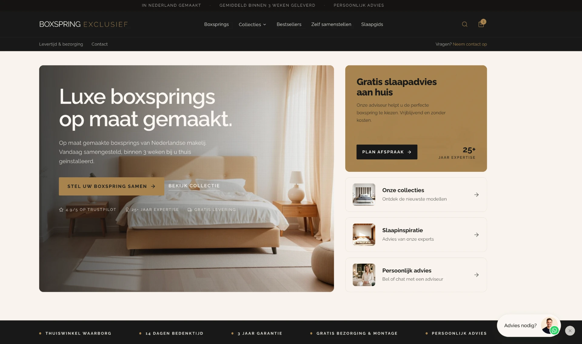 De website van Boxspring Exclusief, gemaakt met Movo
